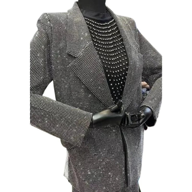 Blingbling Water Drill Suits Jacket 2023 New Spring Loose Long Sleeve Cardigans Mid-long Tailored Collar Women Blazers Coat