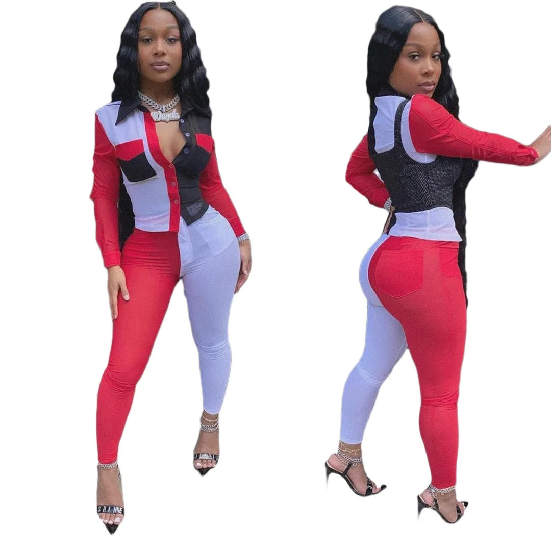 FAGADOER Neon Color Patchwork Two Piece Set Women Button Up Full Sleeve Top And Leggings Outfits Autumn Club Birthday Tracksuits