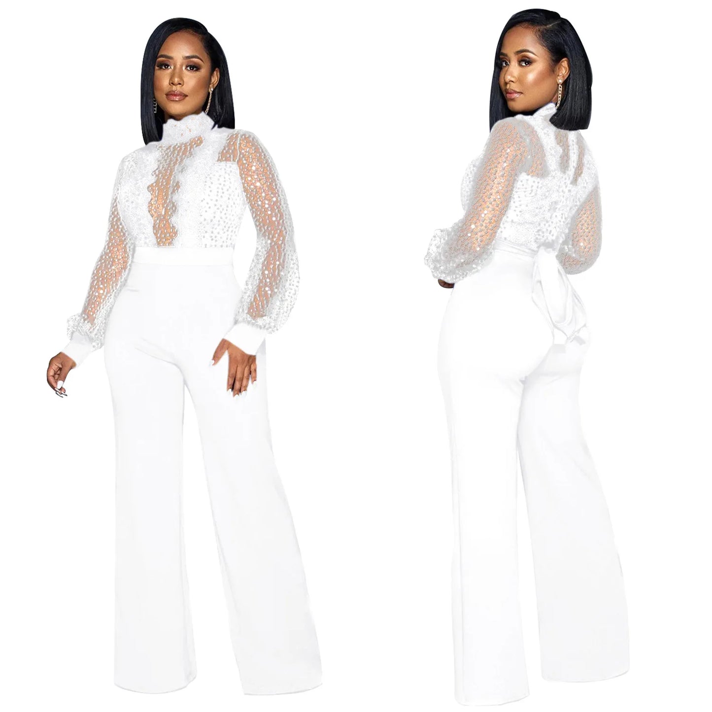 Fashion Women's Clothing Hollow Long-sleeved Loose Wide Leg Jumpsuits Overall Pants Solid Color Sexy Lace
