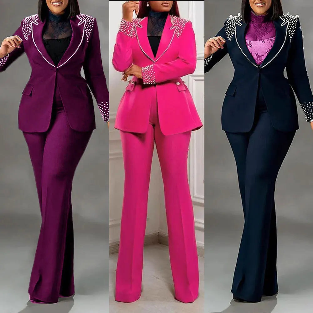 2 Pieces Women's Sets Autumn Winter Long Sleeve Pearl Blazers Suit Tops And Pants Suits Two Piece Set Tracksuit Outfit 2025