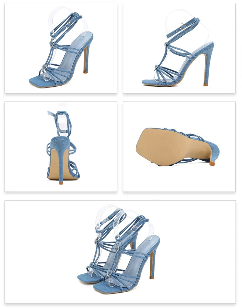 Liyke Summer Blue Denim Sandals Women Elegant Square Toe Party Wedding High Heels Crystal Buckle Narrow Band Female Dress Shoes