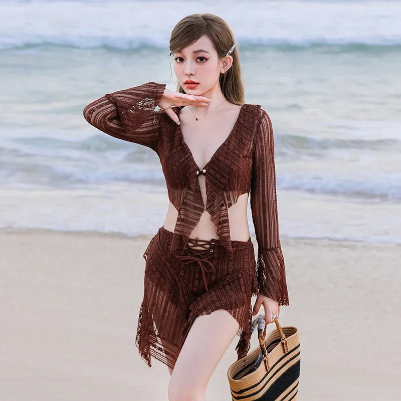 Bikini Sets Women Long Sleeve Irregular Three Pieces Lace-up Summer Sun-proof Vintage European Style Sexy Swimwear Beach Outfit