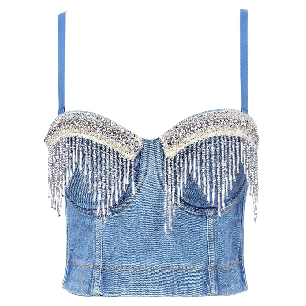Irene Tinnie Sexy Cute Hole Cartoon Decoration Push Up Bustier Women's Denim Bralette Cropped Top Vest Plus Size