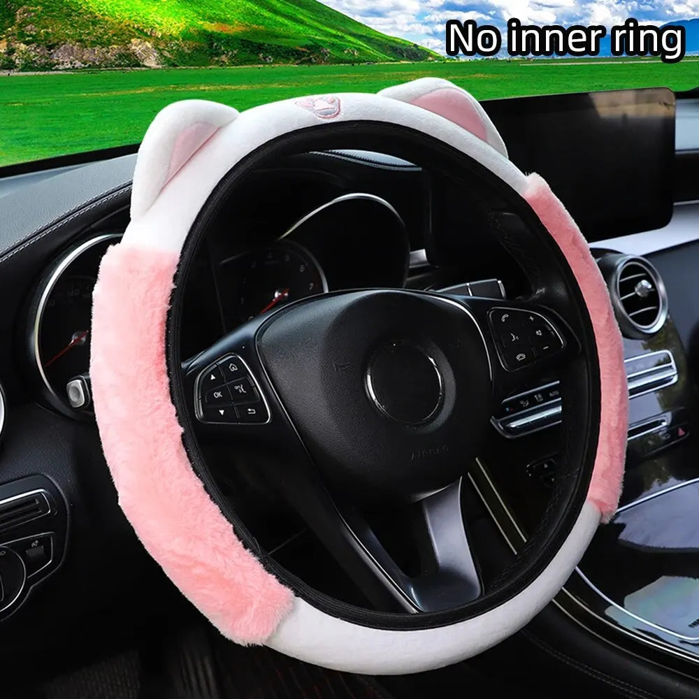 Cute Cartoon Plush Kitten Warm Car without Inner Ring Steering Wheel Cover Car Accessories Suitable for 14.5-15INCH