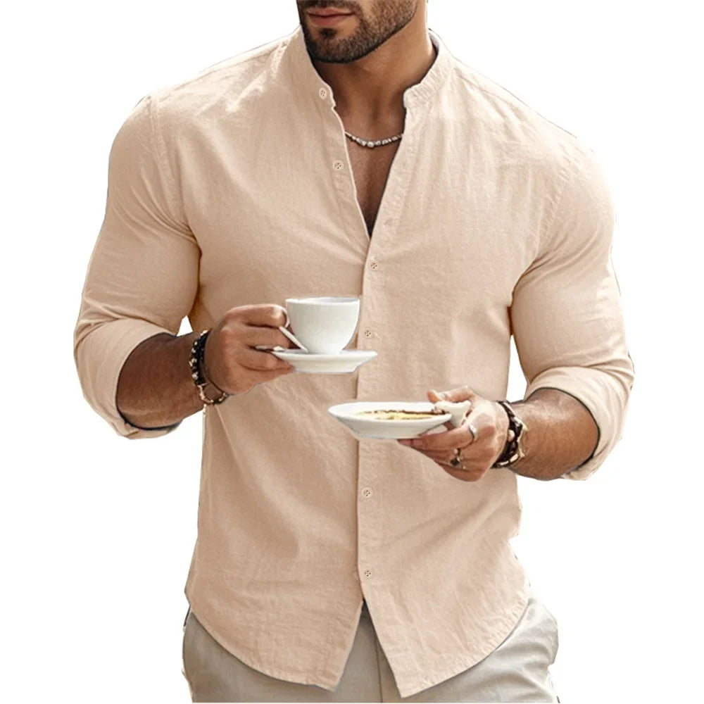 Spring and Summer Men's Shirt Cotton Linen Slim Casual Hawaii Solid Colour Basic Style Breathable Men's Versatile Tops