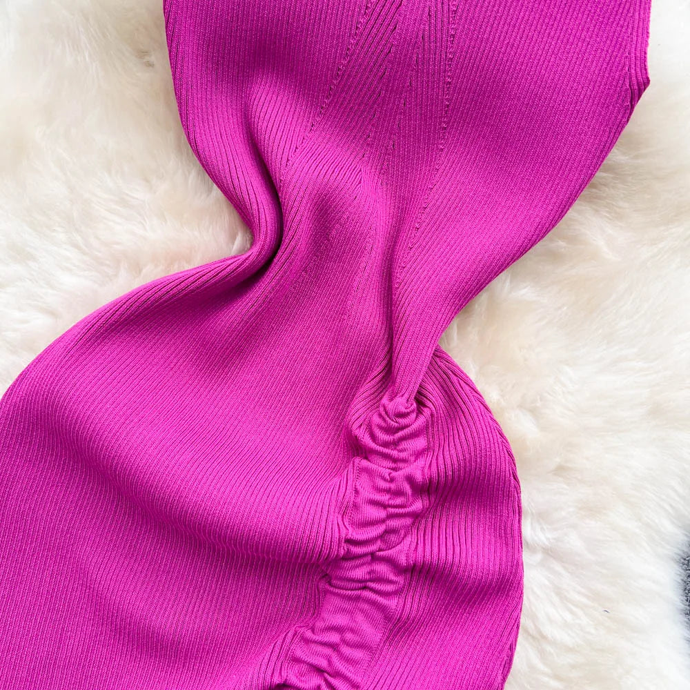 YuooMuoo Fashion Summer Bodycon Knitted Dress Sexy Package Hips Drawstring Split Black Women Dress Basic Lady Party Vestidos