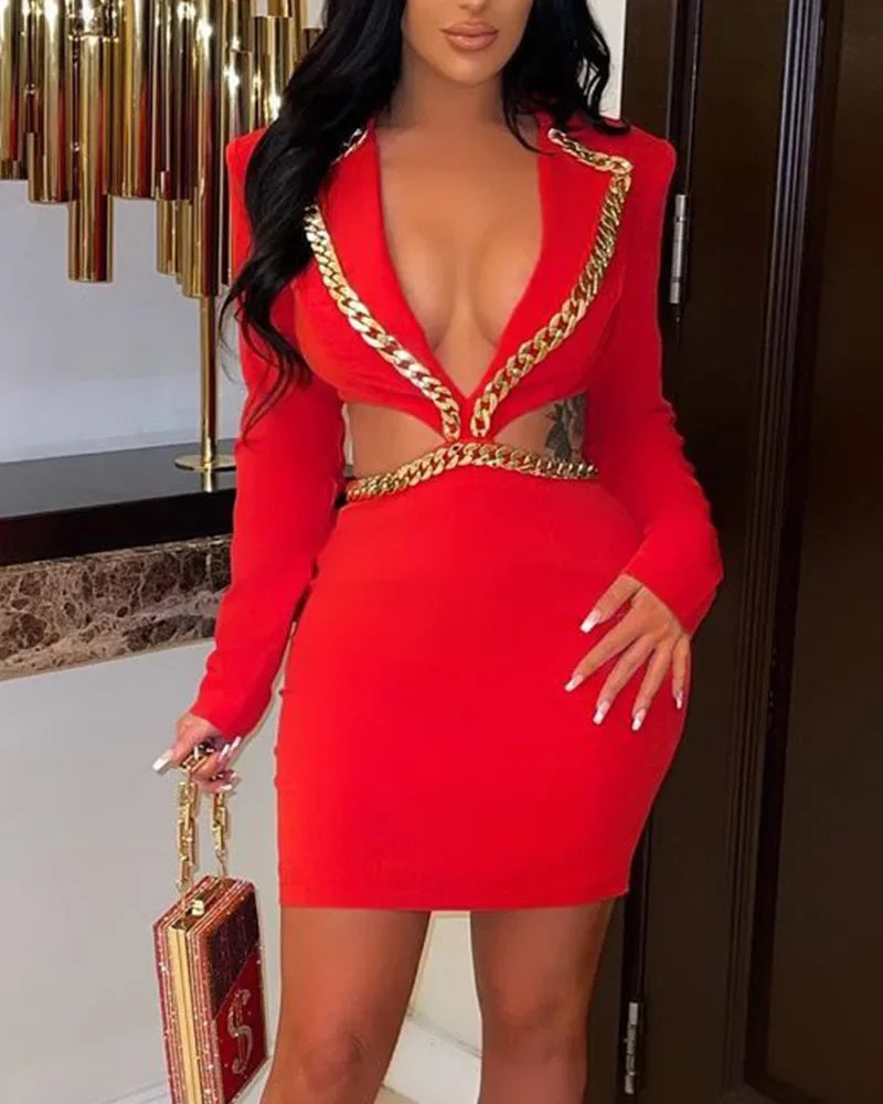 Women Hollow Out Chain Tight Mini Dress Deep V Neck Solid Color Sexy Long Sleeve Summer Mini Dress Y2K