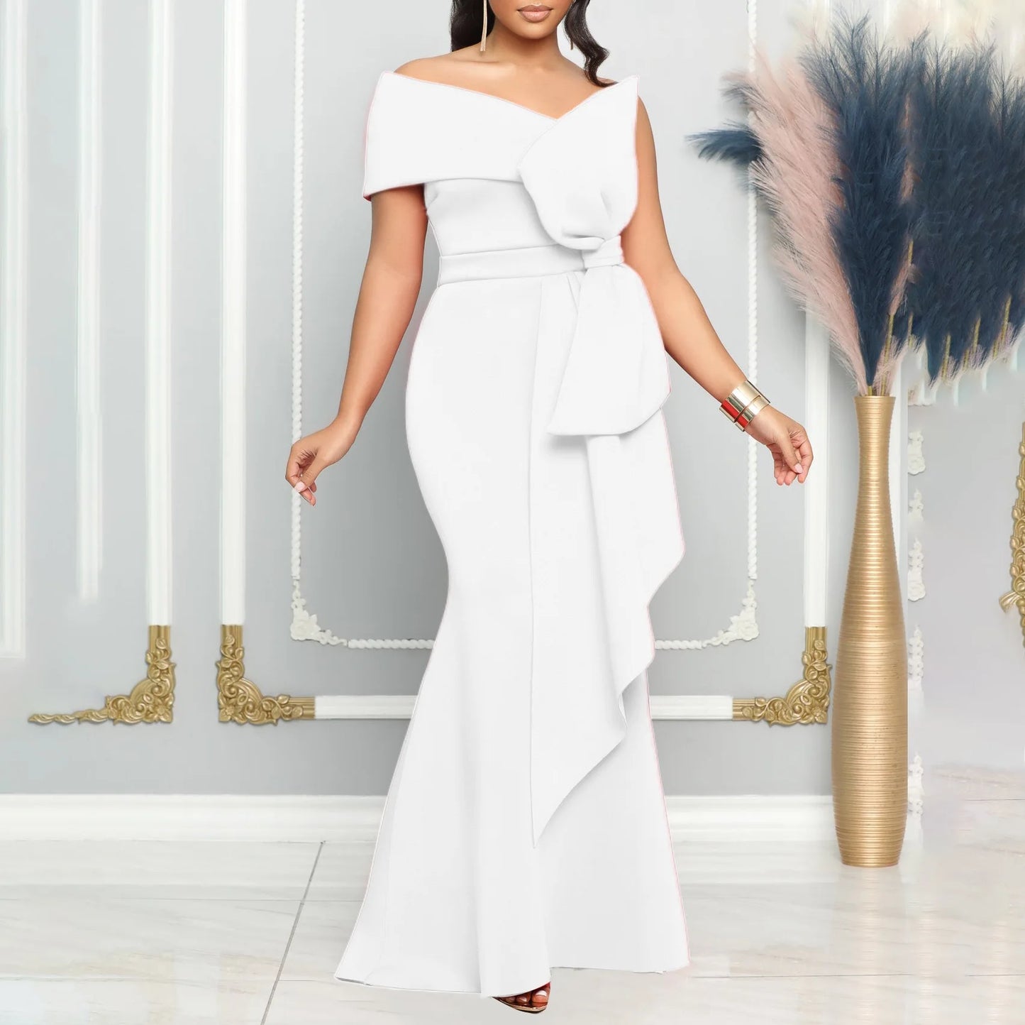 Elegant Dresses for Women One Shoulder Sleeveless Ruffles Mermaid Floor Length Luxury Birthday Party Dinner Vestidos Mujer Dress