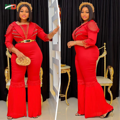 MD New African Women Long Jumpsuit 2023 Spring Summer Wedding Party Rompers Pants Set Dubai Turkey Ladies Dashiki Ankara Outfit