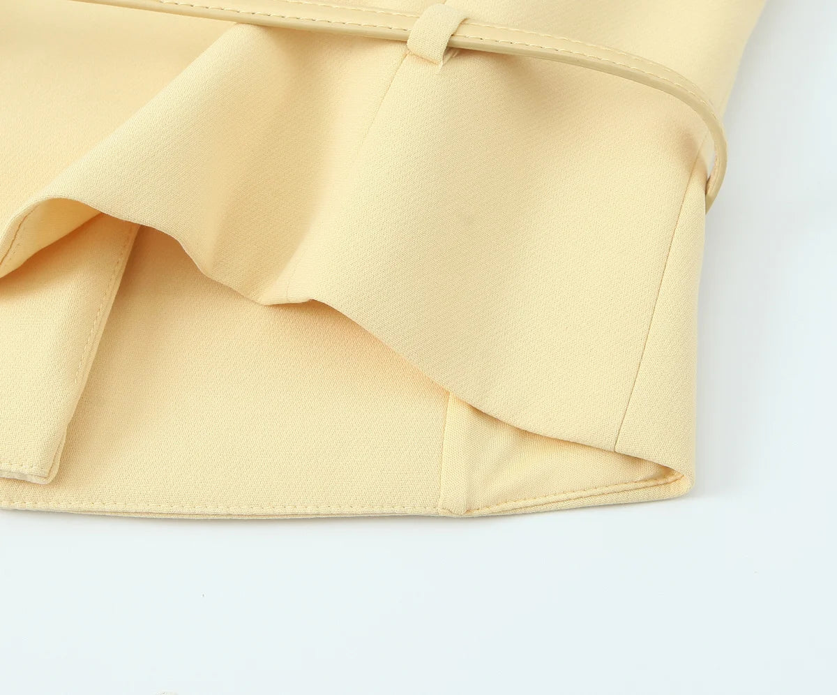 TRAFZA Women Fashion Suit Yellow V-Neck Sleeveless Belt Sngle Breasted Tops+High Waist Pocket Belt Long Skirts Female Summer Set