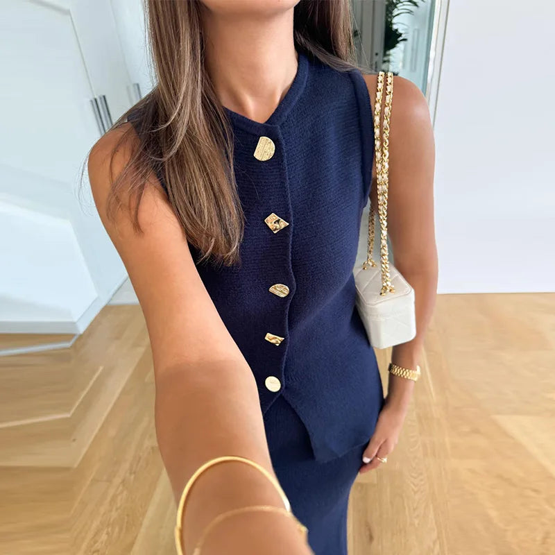 Elegant Knit Vest Suits Women Solid Single Breasted O-neck Sleeveless Slim Waistcoat Bodycon Midi Skirts 2025 Spring Lady Outfit
