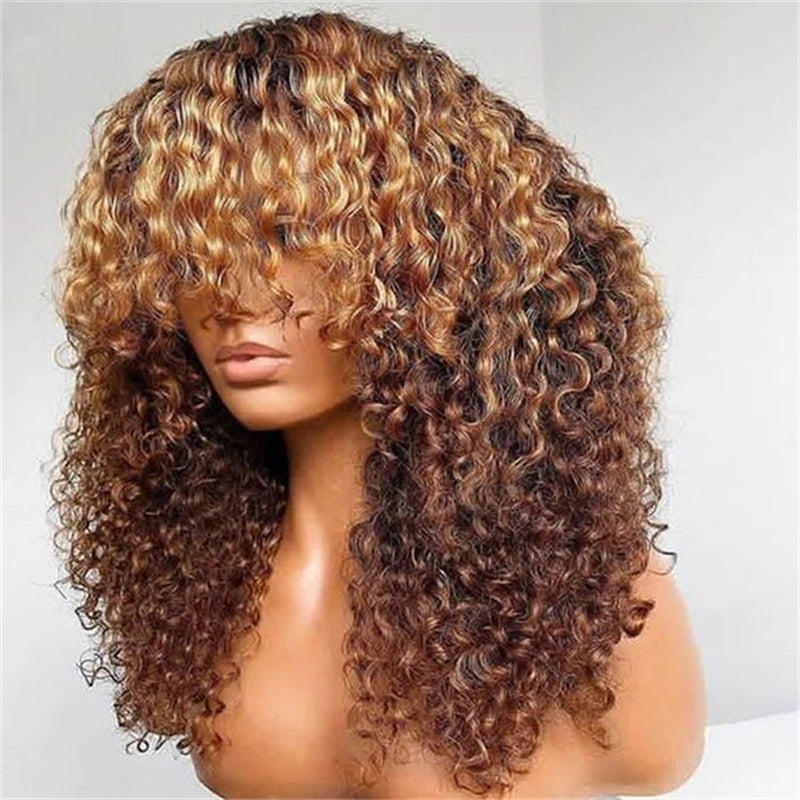 Soft Ombre Blond 26 Inch Kinky Curly Machine Wig With Bangs For Women High Temperature Fiber Cosplay Glueless Daily Use Wig