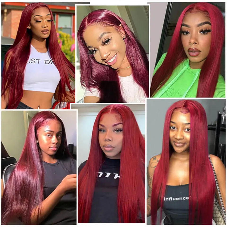 99J Burgundy Colored Wig 13x4 Transparent Lace Front Human Hair Wig Brazilian 180% Density Human Hair Highlight Wigs For Women