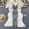 Summer V Neck Knit Sexy Strap Dress Women Elatic Waist Bodycon Sundress Female Beach Backless Maxi Long Dress