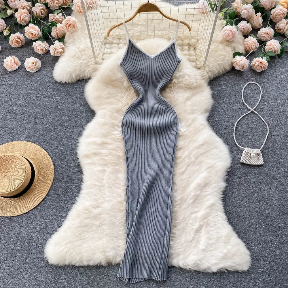 Summer V Neck Knit Sexy Strap Dress Women Elatic Waist Bodycon Sundress Female Beach Backless Maxi Long Dress