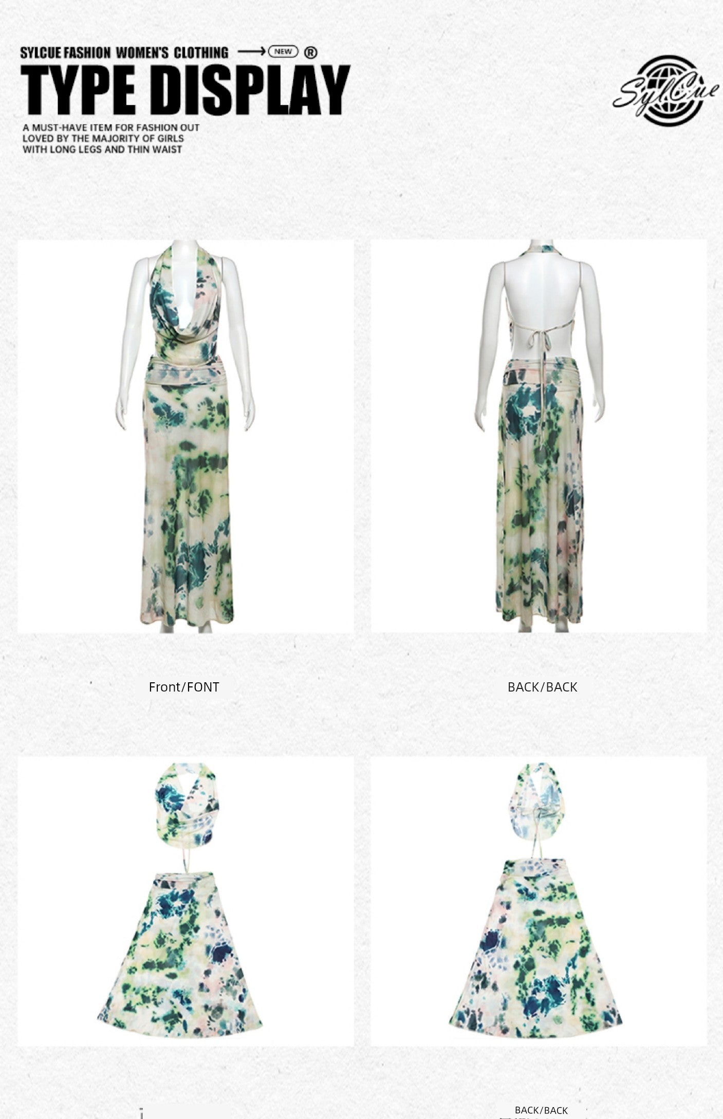 Sylcue Wizard of Oz Elegant Retro Tie-Dyed Fresh Print Deep V-neck Halter Dress Waist-Slimming Long Dress Summer