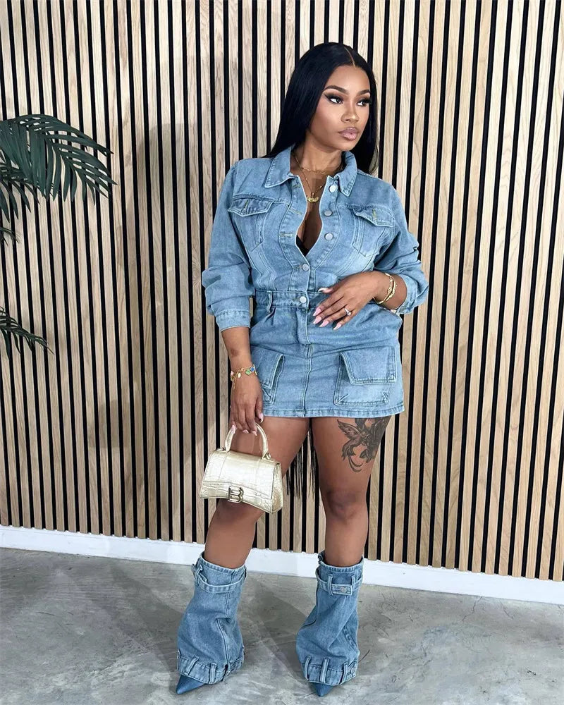 FAGADOER Fashion Button Long Sleeve Denim Mini Dress Women Turndown Collar Pocket with Leg Cover Clothing Female Cowboy Vestidos