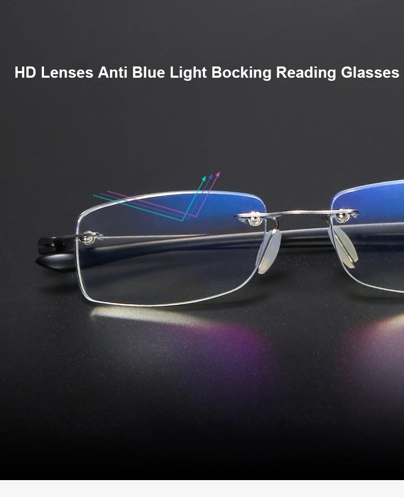 Men Blue Light Blocking Reading Glasses Women Dimond Cutting Rimless Eyeglasses Frame Anti Fatigue Hyperopia Presbyopic Eyewear