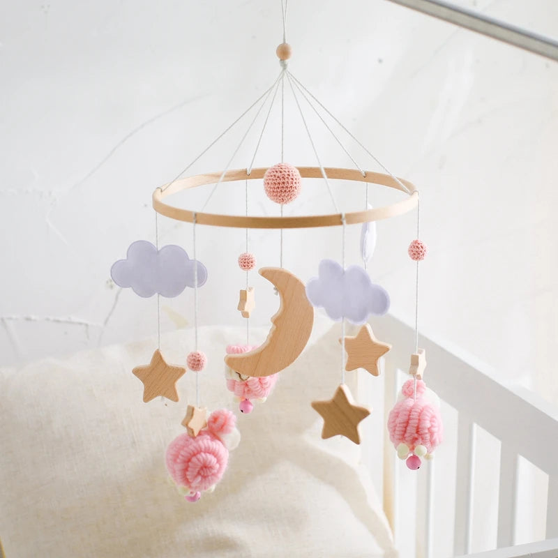 Baby Crib Mobile Bed Bell Rattle Toys Wooden Crochet Stars Pendant Bed Bell Toys Newborn Comfort Crib Bracket Hanging Toys Gifts