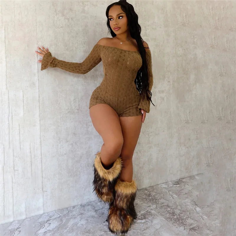 2025 Spring Women's Clothes Above Knee Sexy Knit Rib Romper One Piece Off Shoulder Long Sleeve Skinny Short Jumpsuits Playsuits