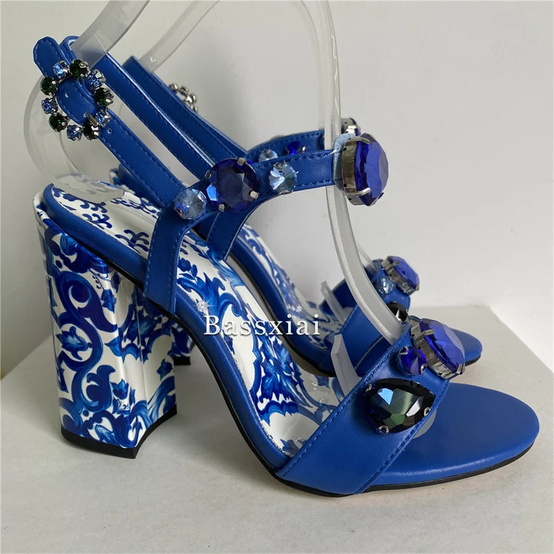 Luxury Diamond Crystal Decor Modern Sandals Women Blue And White Porcelain Print Ankle Strap Summer Shoes For Girls