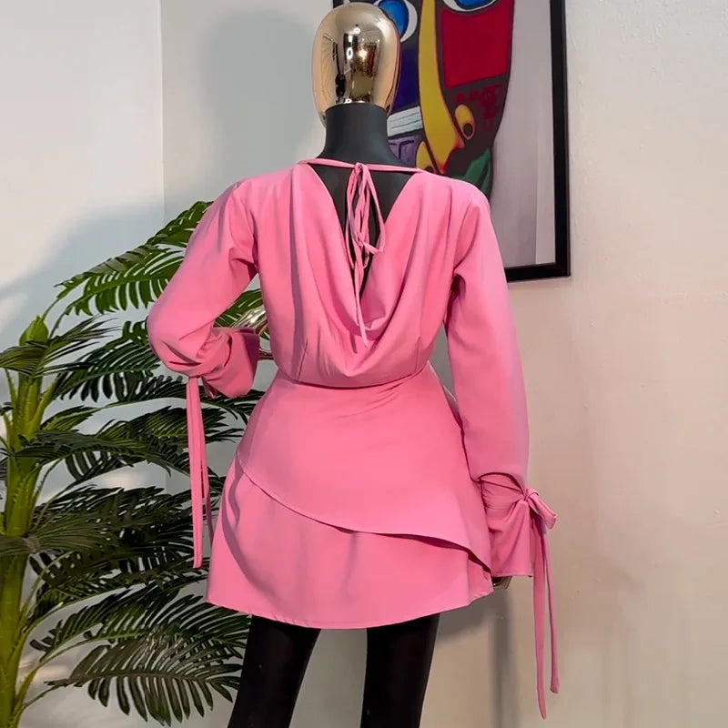 CM.YAYA Women Tie Up Bow Long Sleeve O-neck Mini Dress 2025 Birthday Holiday Sexy Club Party Evening High Street A-Line Dresses