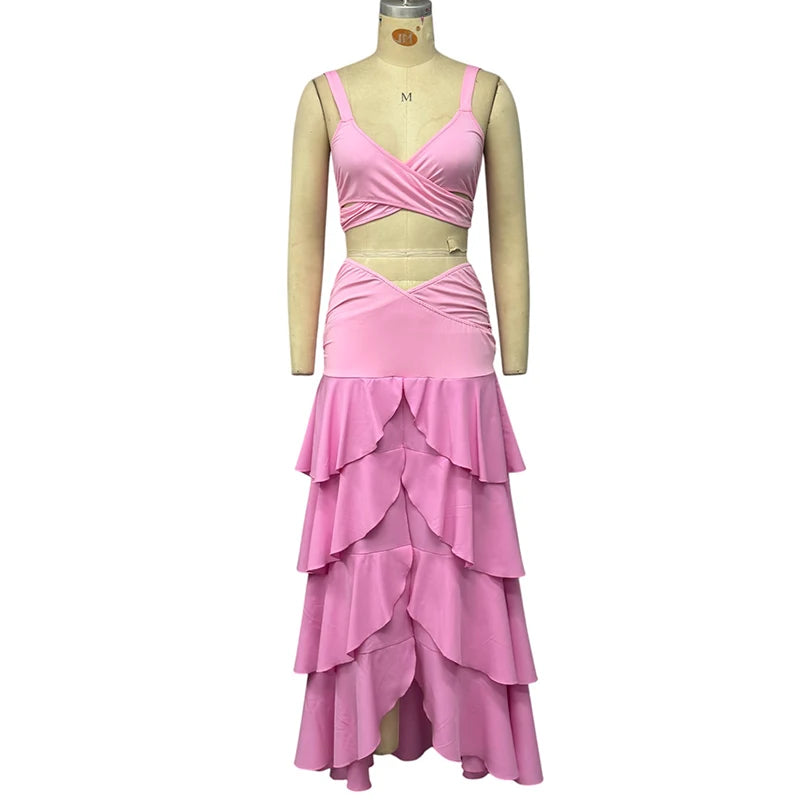 Wefads Women 2 Piece Set Summer Elegant Solid Sleeveless V Neck Hollow Out Backless Tank Top Layered Pleated Long Skirt Sets
