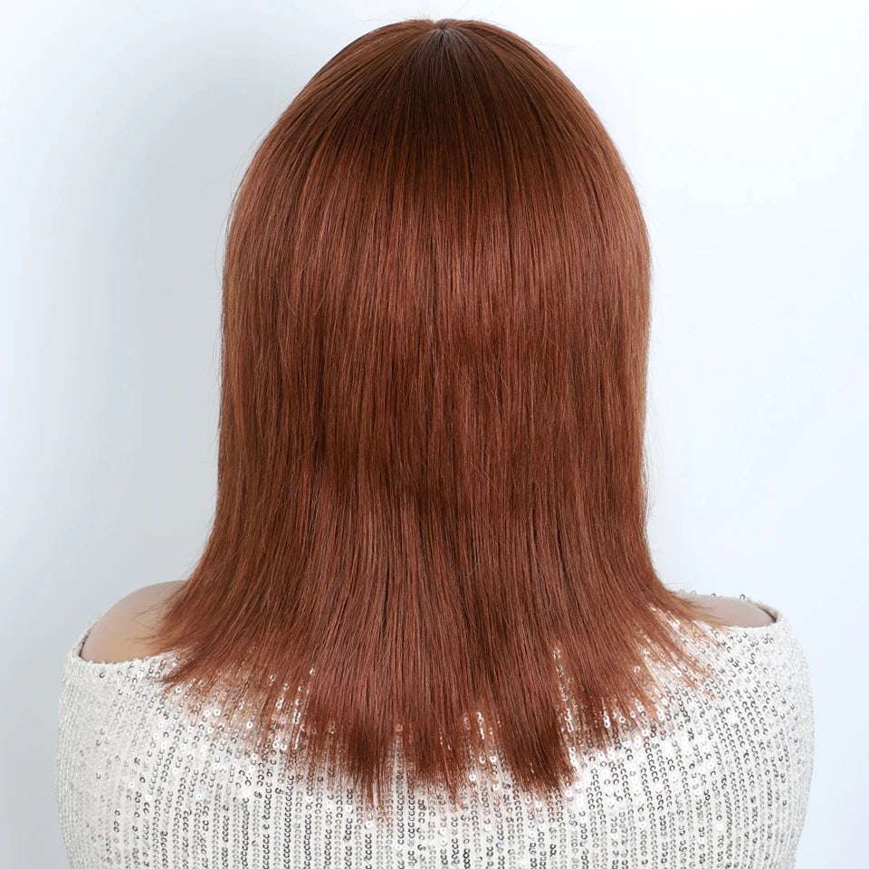 Lekker 12" Short Brown Wolf Cut Straight Bob Human Hair Wigs With Bangs For Women Brazilian Remy Hair Ready to Wear Glueless Wig