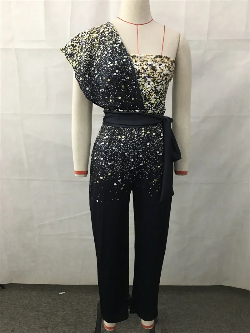 Fashion Sequins Decoration One Shoulder Backless Jumpsuit Women Female Slim Fit Stretch Lace-up High Waist  Back Zipper Rompers