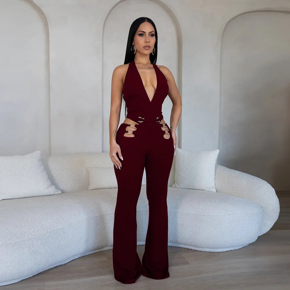 CM.YAYA Women V-Neck Backless Straight Sleeveless Flare Jumpsuits 2025 Summer Hollow Out Sexy One Piece Set Streetwear Outfits