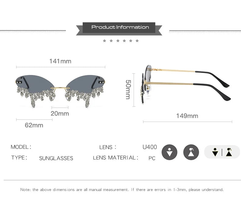 Diamond Rimless Sunglasses Women Luxury Brand Rhinestone Sun Glasses Ladies Sexy Tear Shape Punk Party Eyewear gafas de sol