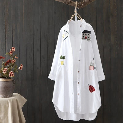 Women Cotton Embroidery Loose Long White Shirts 2025 Spring Autumn New Casual Office Lady Blouse Female Top Loose shirt
