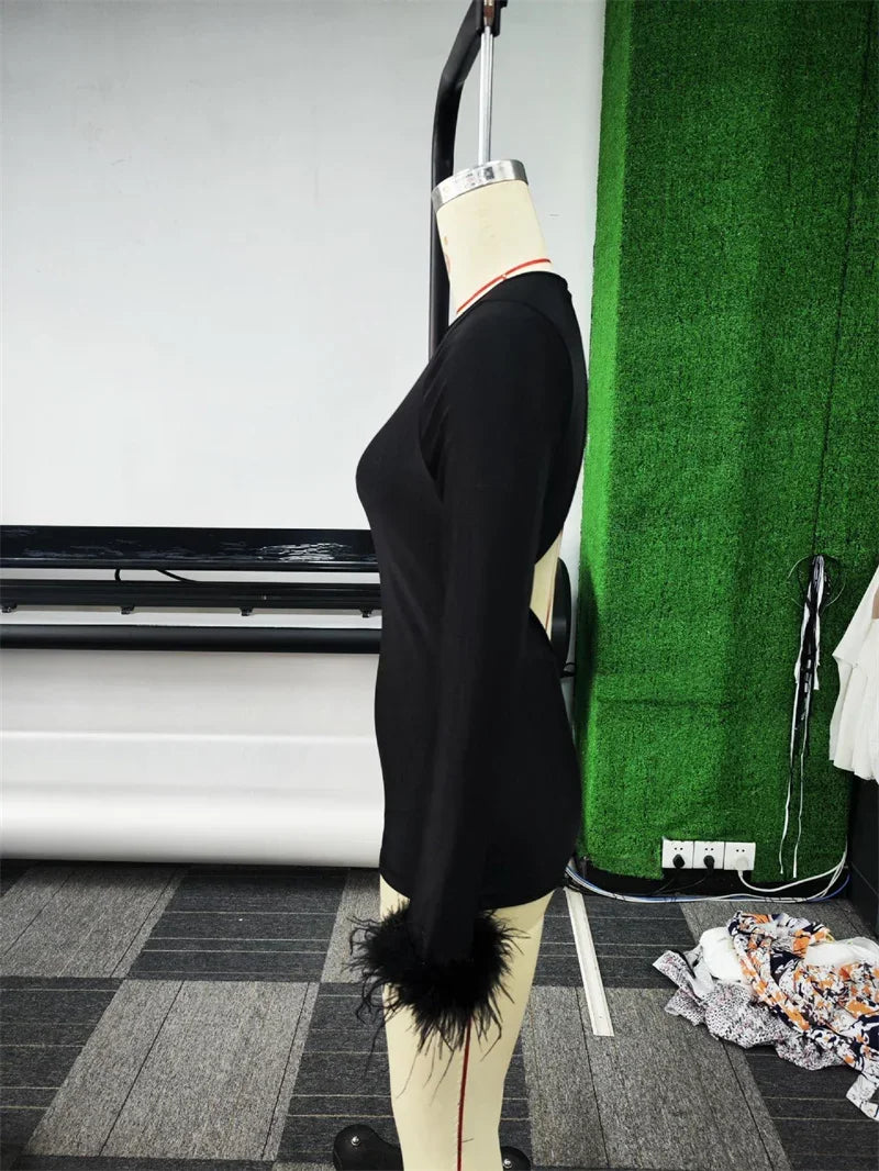 Solid Feathers Long Sleeve Playsuit Woman Jumpsuit Shorts Skinny Stretchy Open Back Bodycon Romper Sexy Night Club Outfits Body