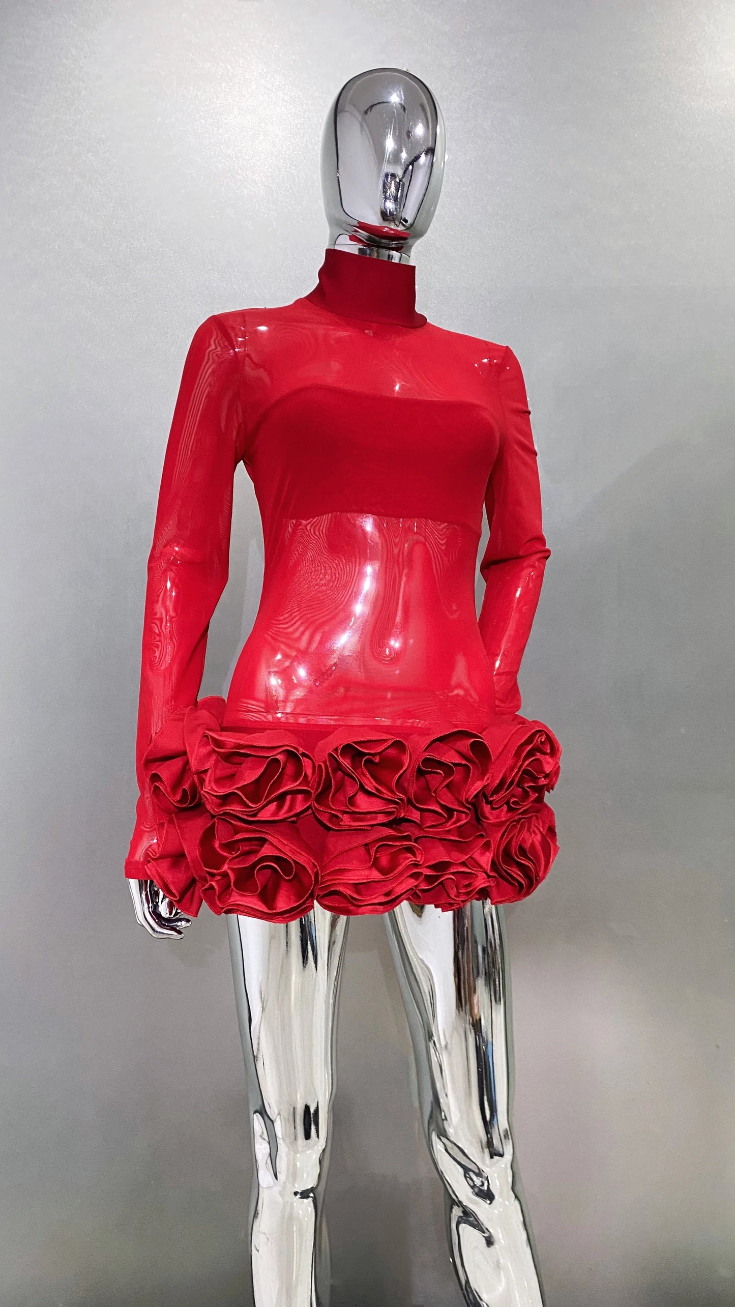 2024 New Sexy Mesh See through Stereoscopic Flowers Red Mini Evening Dress Sweet Woman Birthday Party Dress Performance costume