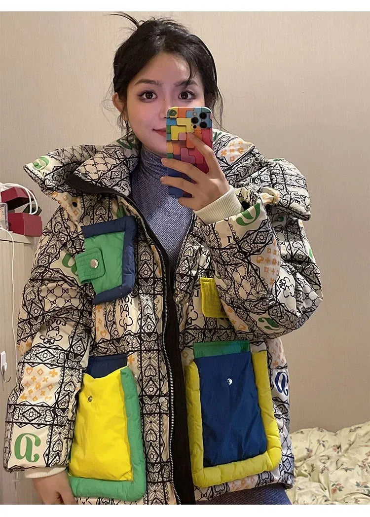 2023 European Station Winter New Down Jacket Women's Warm Fashion Short Color Patchwork Graffiti thick White Duck Down Coa