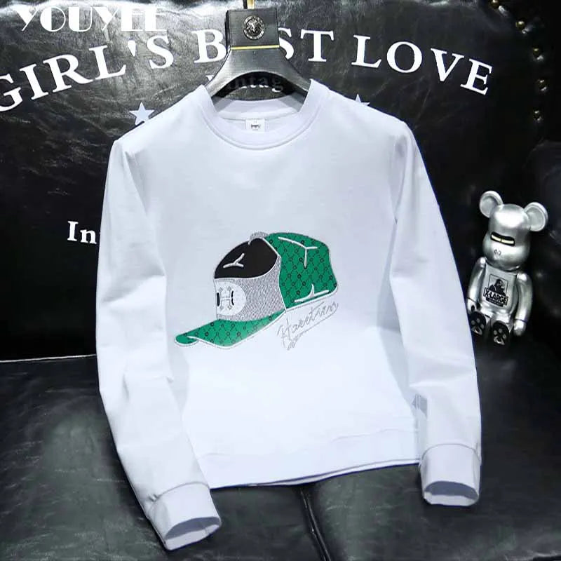 Round Collar Men's Pullover New Male Hoodies Personalized Hat Hot Diamond Print Fashionable Top Youth Bottoming Shirt Clothing