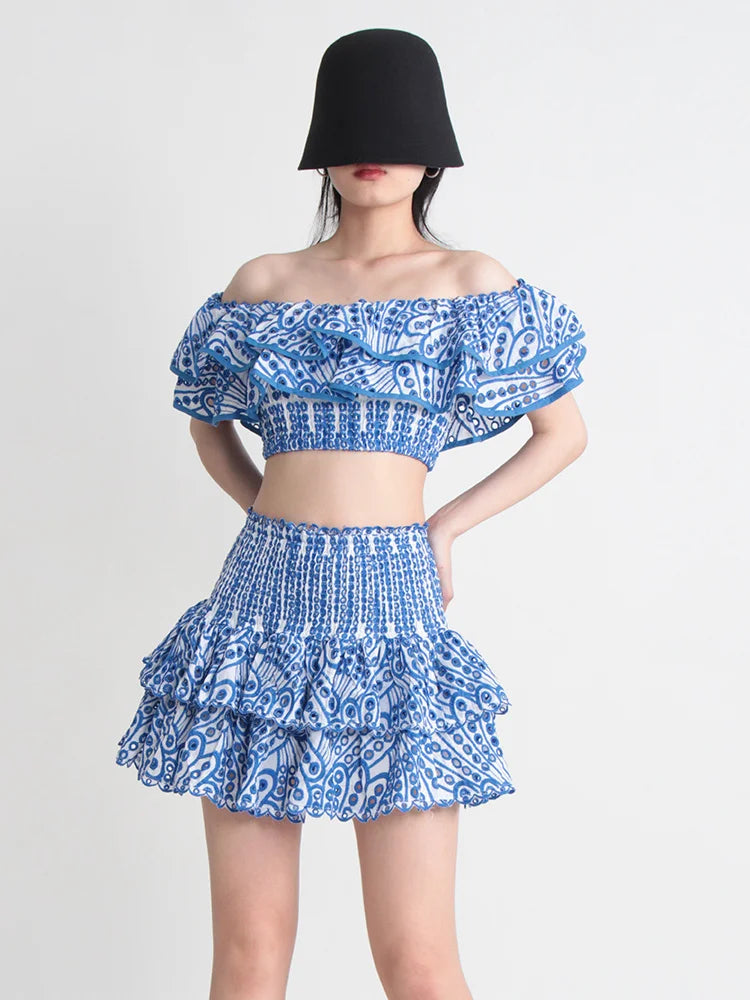 TWOTWINSTYLE Hit Color Print Casual Two Piece Sets For Women Slash Neck Short Sleeve Top High Waist Skirt Summer Set Female New
