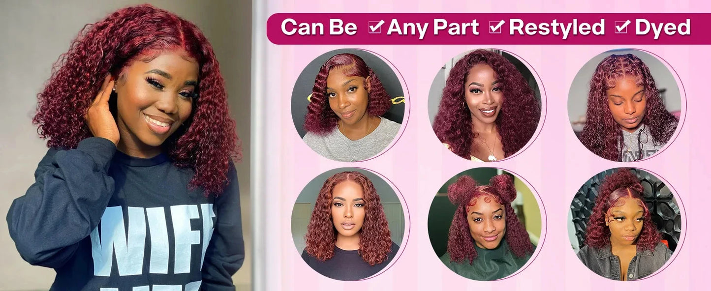 Brazilian Deep Wave 99J Burgundy Lace Front Human Hair Wig 13x4 Deep Curly Short Bob Wigs Human Hair Red Colored Water Wave Wigs