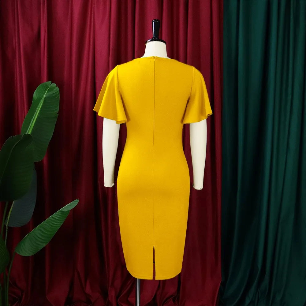 Dress Women Mid Length Dresses Green Slim Ruffles Bodycon Round Neck Short Sleeve Sexy Elegant Party High Waist Vestidos