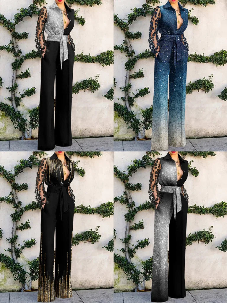 Jumpsuits Women 2024 New Spring/Summer Fashion Versatile Sexy Lace Patchwork Flared Loose Y2k Jump Suits for Female Streetwear