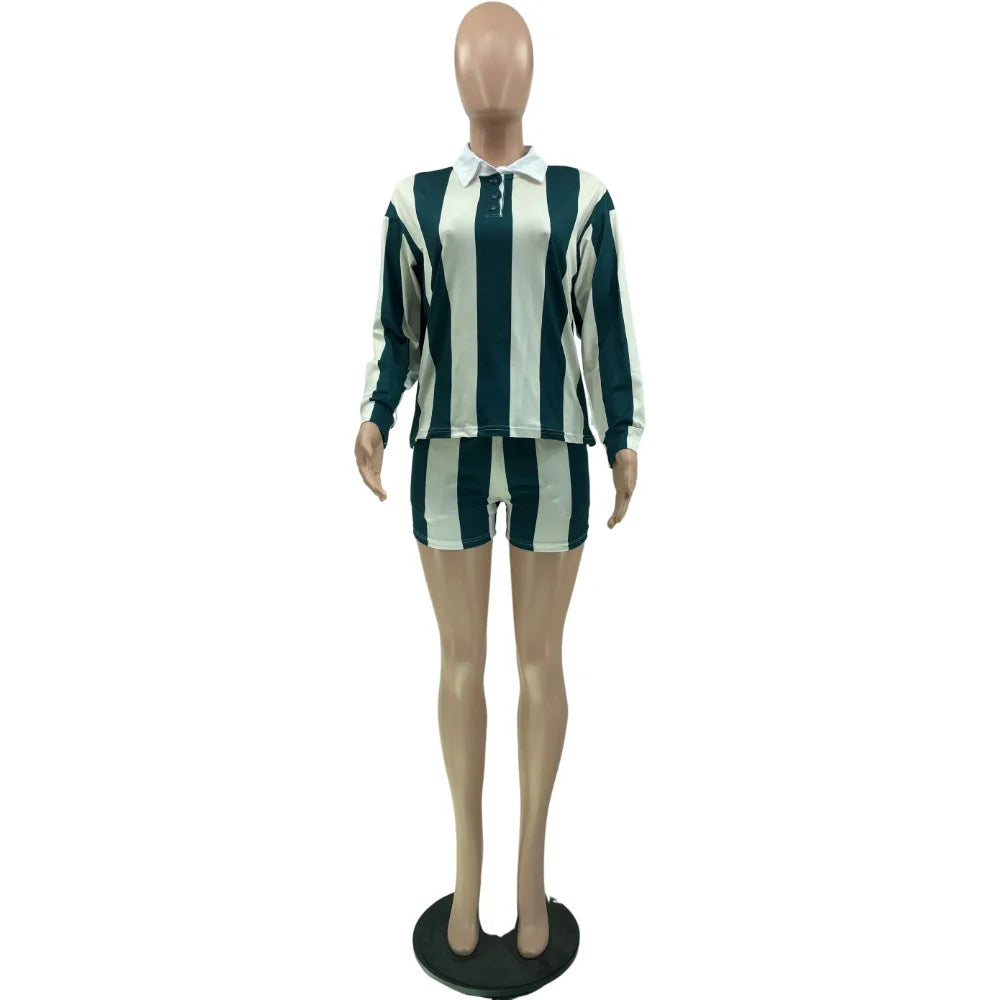 Women's Clothing Fashion Striped Sets Long Sleeve Polo-Neck T Shirt and Shorts 2025 Spring Summer 2 Two Piece Set Tracksuit