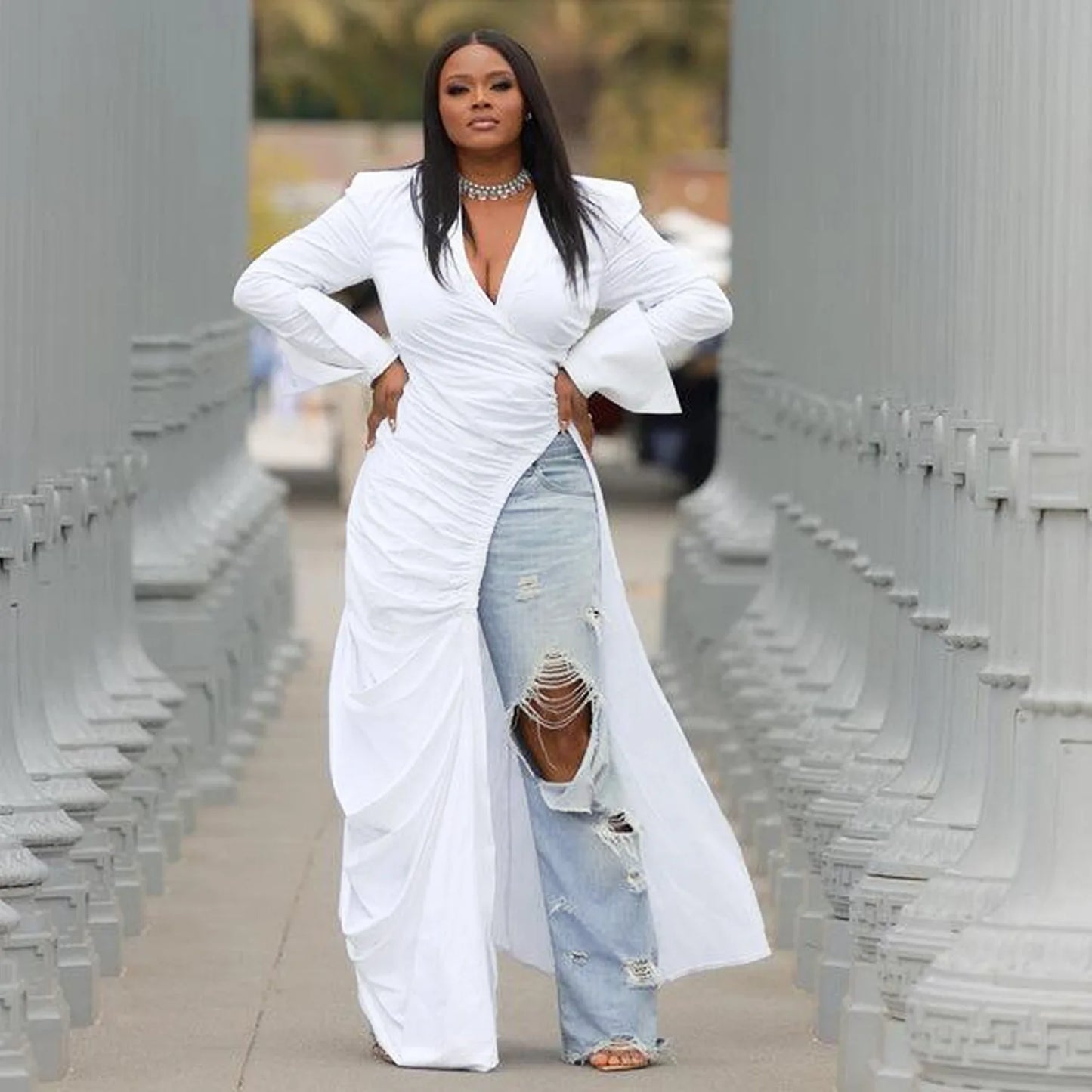 CM.YAYA Vintage Women Long Sleeve High Side Split Ruched Up Wrap Lapel Collar White Maxi Long Dress Fashion Street Dresses