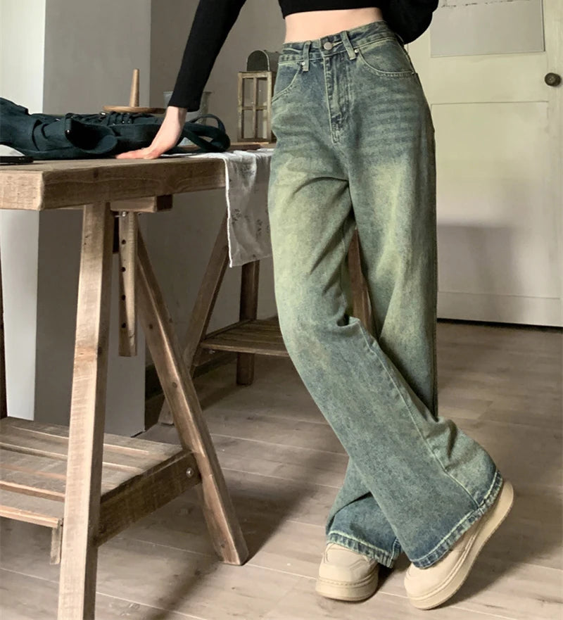 Retro Washed Vintage Jeans For Women In Autumn And Winter High Waisted Straight Leg Loose Wide Leg Pants Casual Pants