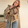 Fashion Belt Short Trench Coat Women Stand Collar Double Breasted Pocket Long Sleeve Coats 2025 Autumn Lady Commute Chic Outwear