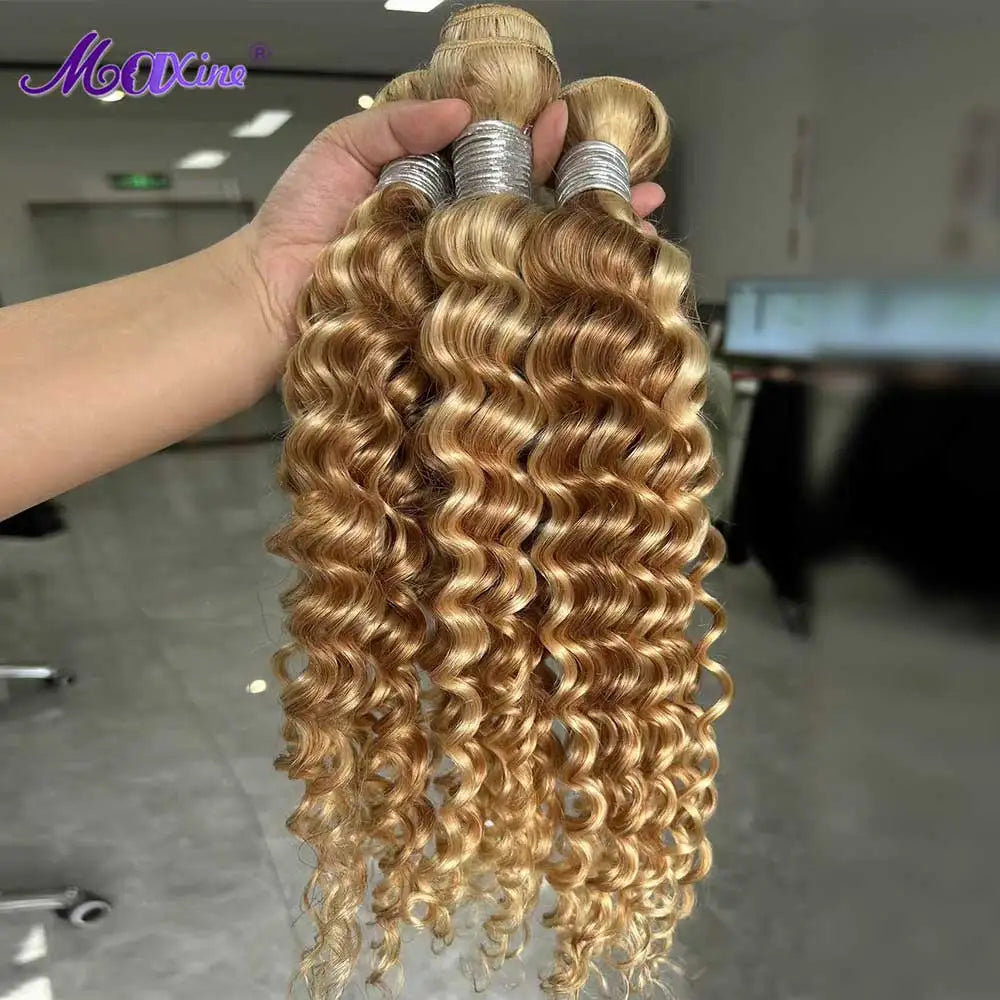 Maxine Highlight Blonde 613 Deep Wave Human Hair Bundles P27/613 Blonde Curly Weave Bundles Deep Wave Colored Bundles Human Hair
