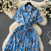 2024 Summer Women Floral Pleated Dress Vintage Turn-Down Collar Short Sleeve Single Breasted Printed Draped Midi Vestidos New