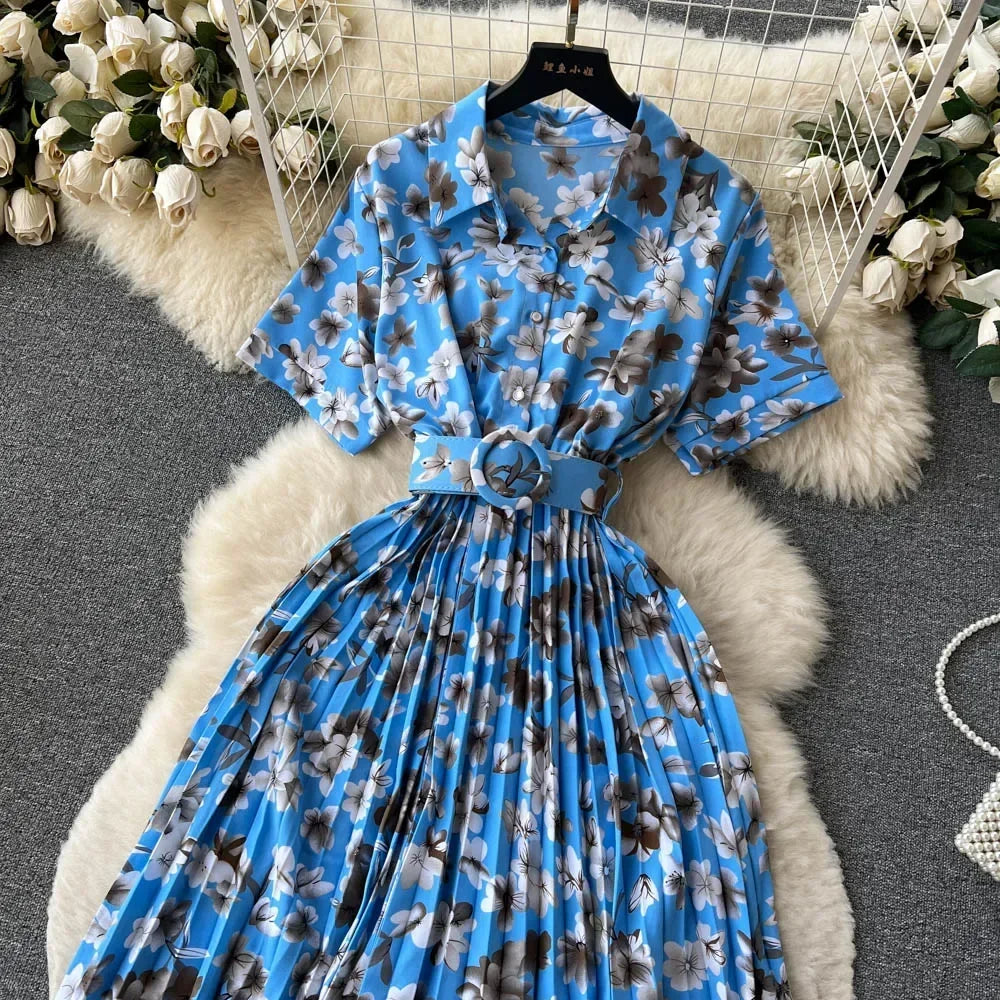 2024 Summer Women Floral Pleated Dress Vintage Turn-Down Collar Short Sleeve Single Breasted Printed Draped Midi Vestidos New