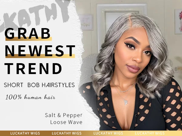 Natural Wave Gray Short Bob Salt And Peppe Glueless Closure Lace Wig Brazilian Human Hair Ready to Wear Lace Wigs For Women