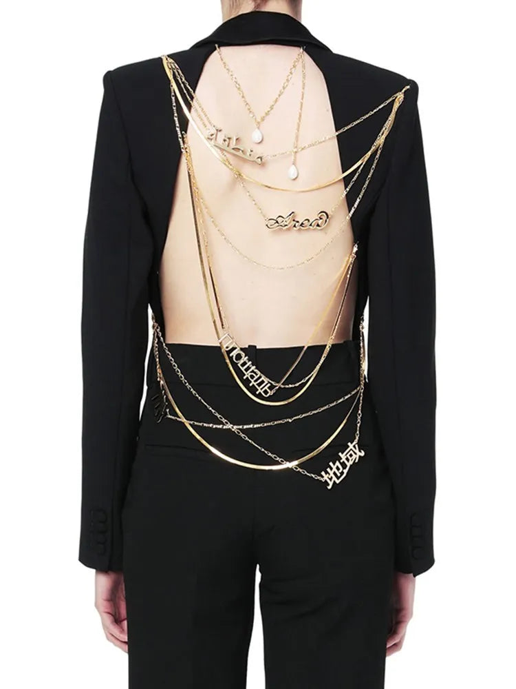 TWOTWINSTYLE Backless Spliced Button Blazers For Women Notched Collar Long Sleeve Patchwork Chain Chic Blazer Female Fashion New