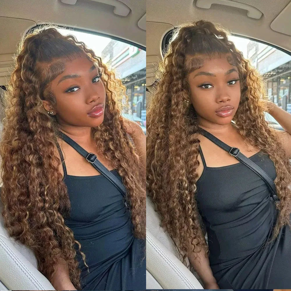 Water Wave 30 Inch Invisible Strap 360 Full Lace Front Wig Honey Blonde Highlight Deep Wave Frontal Wig Glueless Wig Human Hair